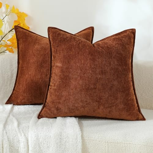 Stellhome Lot de 2, housses de coussin décoratives en chenille douce unie pour canapé, sofa, chambre à coucher, salon, style rustique bohème, neutre, 40 x 40 cm, marron moka