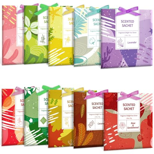 DERDUFT Scented Sachet Gift Set – Hanging Fragrance Sachets with Rope – Individually Wrapped Scent Bags for Wardrobe, Drawer, Closet, Car, Travel & Home Use - 10 Pack