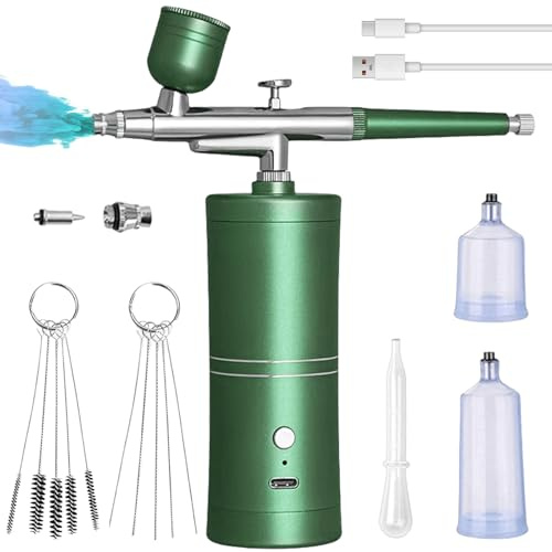 Airbrush set med kompressor, blockeringsfritt högtrycks-airbrush-set med munstycke, rengöringsborstset, multifunktionell handhållen sprutpistol för nageldesign, make-up tatueringsmodellering (grön)