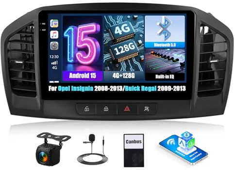 OiLiehu 4G+128G Android 15 Radio para Opel Insignia 2008-2013/Buick Regal 2009-2013 Carplay Android Auto, 9'' Pantalla con WiFi Bluetooth GPS Enlace Espejo FM RDS SWC EQ Cámara de Visión Trasera