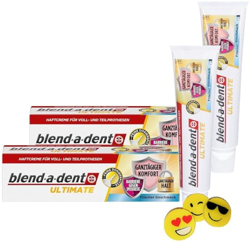 2 confezioni di crema adesiva Blend-a-Dent ULTIMATE – gusto fresco – 2 tubetti ciascuno da 40 g – precedentemente professionale – per protesi parziali e protesi complete + 1 gomma di ManyMore come