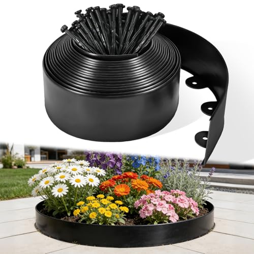 JUOIFIP Bordure Jardin Plastique 10 mètres, Bordure de Jardin Flexible 10 cm avec 60 Piquets, Bordure de Pelouse Noire pour Gazon, Massifs, Allées, Bordure Souple Jardin, Installation Facile
