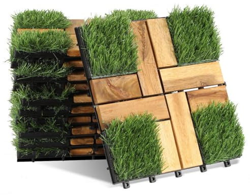 Lot de 33 dalles en bois d'acacia pour balcon avec gazon artificiel - 30 x 30 cm - Résistant aux intempéries - 3 m² - Panneaux de terrasse d'extérieur avec système à clic - Pour sol de balcon