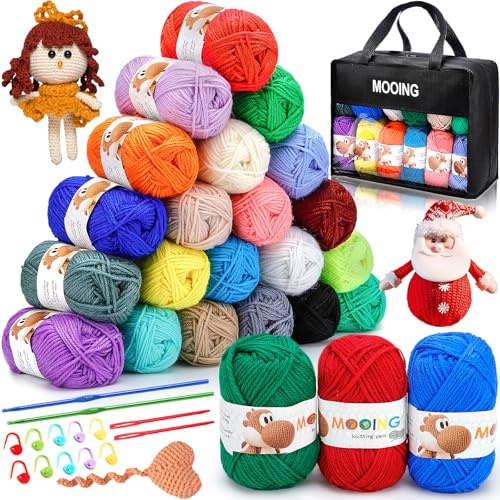MZJAUVF Hilo para Tejer a Crochet, 24 colores Hilo de Tejer Acrílico, Lana para Tejers con 2 Ganchos de Ganchillo, Ovillos Acrílicos, Ovillos de Lana para Tejers para DIY y Tejido a Mano