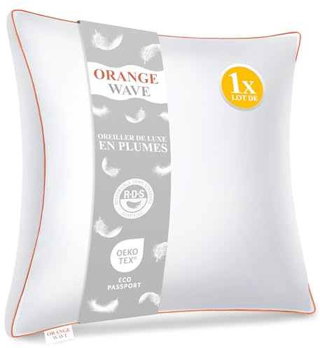 Orange Wave Oreiller en Plumes 60x60 - Coussin de Luxe en Duvet et Plume, Qualité Hôtelière et Confort Oreiller Moelleux, Certifié RDS et Oeko-TEX pour Un Soutien Optimal