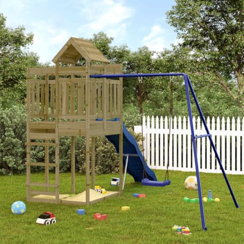Ordellia Torre de juegos de madera de pino tratada a presión con tobogán ondulado, columpio individual y arenero, marco de escalada para jardín para parque infantil, plataforma de 90 cm, 291 x 361 x