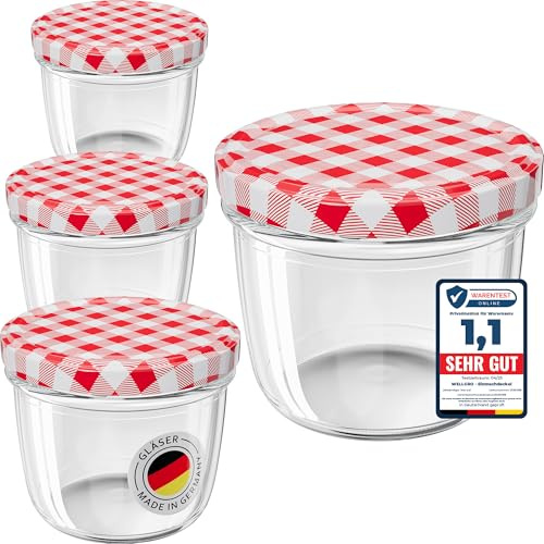 WELLGRO 100x Einmachgläser 230ml – Schraubdeckel TO82 rot kariert – Made in Germany – Vorratsgläser, Marmeladengläser, Aufbewahrungsgläser & Gärgläser