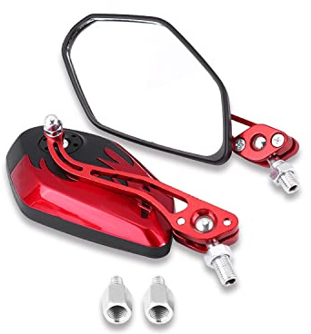 Keenso Universal Adjustable Motorcycle Scooter Mirrors - Aluminum Handlebar Rearview Round Flame Mirrors for Motorbike 10mm 8mm (Red)