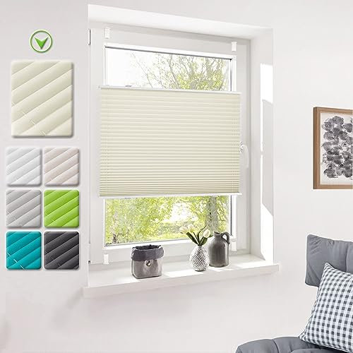 Deswell Plissee ohne Bohren Klemmfix Creme B60 x H120 cm Plisseerollo Sonnenschutz und Sichtschutz Jalousien Easyfix Plissees Lichtdurchlässig Rollo für Fenster & Tür