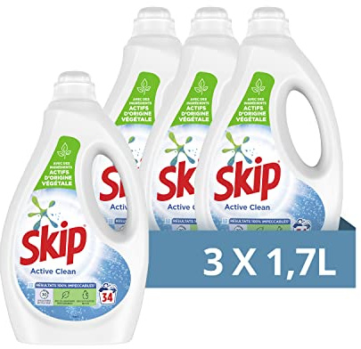Skip Lessive Liquide Active Clean x102, Résultats impeccables même en cycle court, Format Familial 102 lavages,(Lot de 3x34 Lavages)