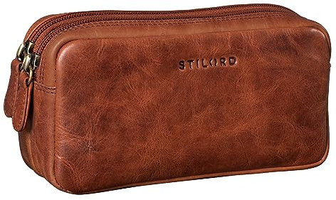 STILORD 'Eddie' Leder Federmäppchen Stifteetui Groß Stiftemappe mit 2 Reißverschluss Fächern Schlamper-Mäppchen Vintage Federmappe Etui Kosmetiktasche Echtleder, Farbe:Kara - Cognac