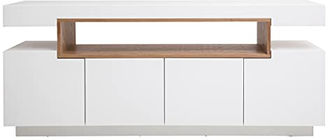 Buffet scandinave blanc laqué brillant et bois 4 portes L180 cm LIVO