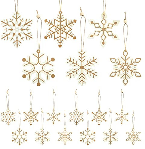 LEMESO 24 pz Decorazioni Albero Natale Bianche e Oro Fiocchi di Neve Pendenti Natale Ciondoli Legno Addobbi Natale Decorazioni Casa per Confezioni Natale Regali Cordoncini Negozi Scuola Party