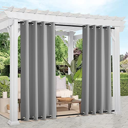 NICETOWN 2 Panels Sliver Grey Blackout Outdoor Curtains for Patio Waterproof 84 Long, Top and Bottom Rustproof Grommet Heavy Weight Windproof Drapes, Keep Privacy for Porch, W52 x L84