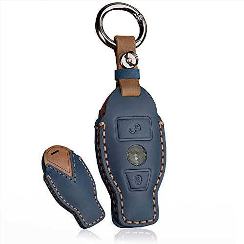 HIBEYO Smart Autoschlüssel Hülle Passt für Mercedes Schutzhülle Schlüsselbox Prämie Rinds Leder Schlüsselhülle für Benz A B C E M G Klasse SL SLK CL CLK Schlüsselbund Funkschlüssel Fall-2 Tasten Blau