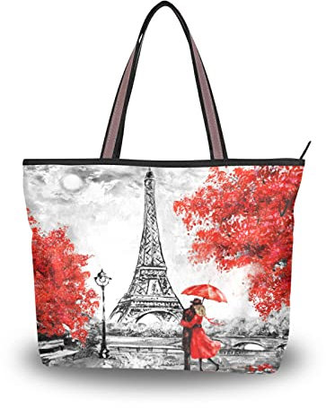 JUMBEAR Borsa tote in tela da donna vintage Parigi Torre Eiffel albero rosso coppia bacio borsa a tracolla da donna, L, A, Large