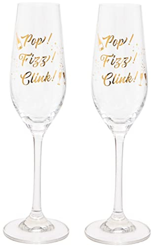 Maturi Set of Two 'Pop, Fizz, Clink' Champagne Flutes, 220ml, Gift Boxed