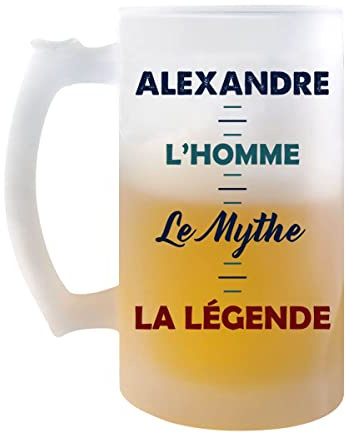 Planetee Chope de Bière Alexandre Mythe Légende - Cadeau Idée Anniversaire Fête des Pères Humour - Verre Givré 470 ml avec Poignée Alcool Pinte