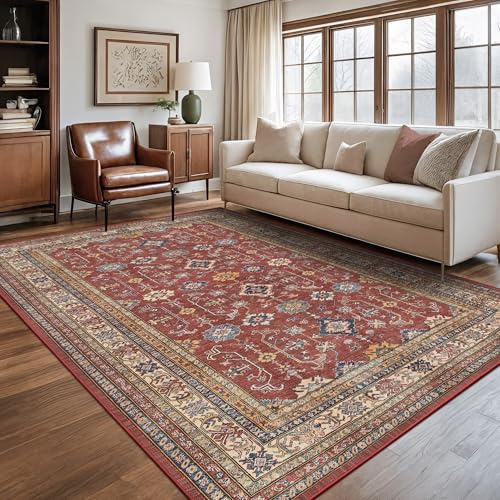 Rugland 6x9 Area Rugs - Stain Resistant Washable Area Rug, Anti Slip Backing 6x9 Rugs for Living Room, Bedroom Vintage Tribal Area Rug(6x9, Burgundy)