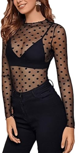 ORANDESIGNE Hauts Transparents Femme T-Shirt à Manches Longues Top en Maille Sexy Blouse Sheer Mesh Elastique Chemise Noir Tulle Tenue de Moulante pour Soirée Club G Noir M