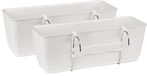 Tymar Blumenkästen für Balkon, Geländer, 2er-Pack, Rattan Optik, inkl. Bewässerungssystem ((2 Pack) Weiß; 50 cm)