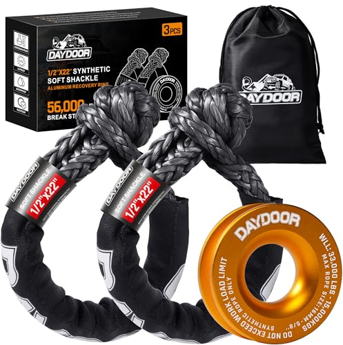 DAYDOOR Kit de recuperación de grillete suave de 55 libras, 1/2 x 22 pulgadas (paquete de 2) con anillo de enganche de aluminio 7075, accesorio de cabrestante para Jeep Wrangler, Bronco, 4Runner
