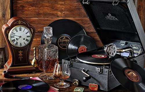 Wooden Jigsaw Puzzle For Adults, Gramophone Vintage Records And Wine Wooden Puzzle 75X50Cm