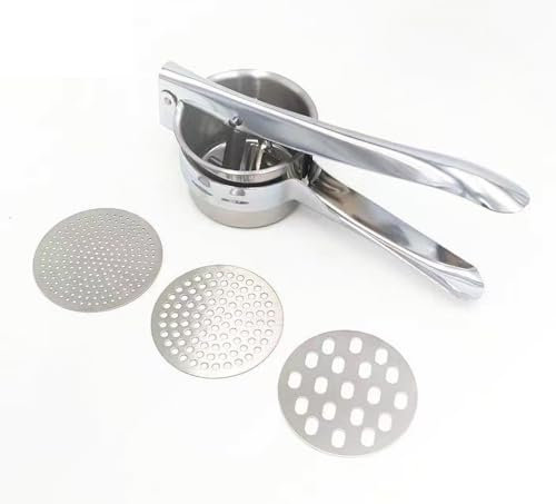Prensador de patatas de acero inoxidable de grado alimenticio con 3 discos intercambiables, multifunción, para puré, frutas y verduras, alimentos para bebés