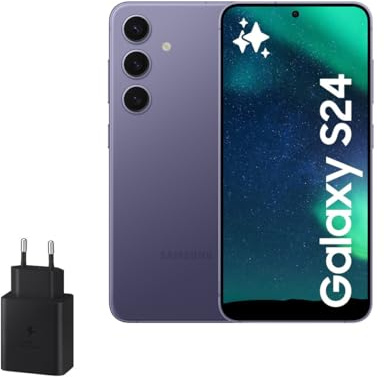 Samsung Galaxy S24 y Cargador 45W, Teléfono Móvil con IA, Smartphone Android, 8 GB RAM, 128 GB Almacenamiento, Cámara 50MP, Batería Larga Duración, Violeta Cobalt (Versión Española)