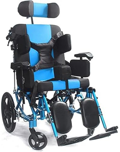 QJWM Rollstuhl Faltbar Leicht Aluminium Rollstuhl für alle Gelände, mit Liegefunktion,Beinstütze und Kopfstütze für Erwachsene und Senioren mit Handbremsen B