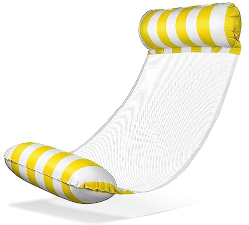 Balinco – Matelas Hammac Gonflable avec 2 Chambres à Air et Filet en Nylon pour Piscine – Matelas Flottant Relax pour Adultes et Enfants – Accessoire d’Été pour Piscine (Jaune/Blanc)