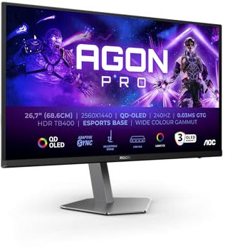 AOC Agon Pro AG276QZD2AM - Moniteur OLED QHD 27 Pouces, 240 Hz, 0,03 ms GtG, FreeSync Premium Pro, comp. G-Sync, HDR400 (2560x1440, 2X HDMI 2.1, DisplayPort, Hub USB) Noir