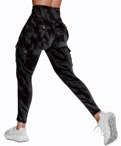 Nuofengkudu dam hög midja sportbyxor leggings med fickor, Z-svart B, S