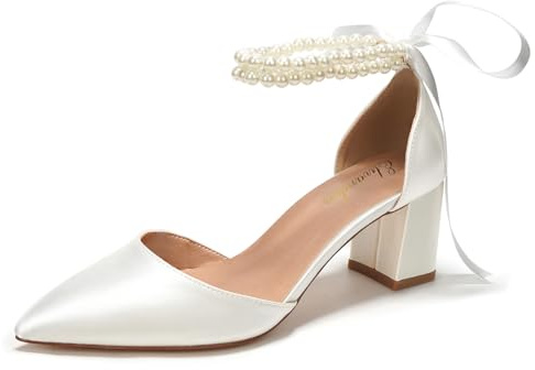 Elivandon J1585 Sandalias de Boda Mujer Satén Tacón Alto Medio 6cm Punta Puntiaguda Doble Tira Perlas Zapatos Nupciales