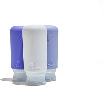Muitomas, Bouteilles de voyage avec étui transparent, 3 bouteilles de voyage en silicone de 98 ml, boîtes de voyage pour liquides en silicone, couleur lilas