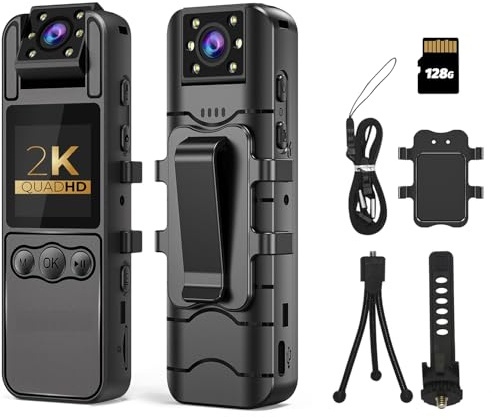 2K 128GB 1.4” Screen Body Camera with Audio and Auto Video Night Vision 1440P UHD Mini Police Wearable Body Worn Cam Portable Small Personal Camcorder Sport Action Outdoor Video Recorder (Black)