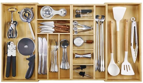 MH MYLUNE HOME Large Bamboo Expandable Drawer Organizer, 16 to 30 Inches Wide Kitchen Drawer Organizers for Utensils, Silverware Holder for Drawer, Adjustable Cutlery Tray, Junk Drawer Organizer