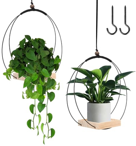 mumisuto 2 Stück Hängeblumentopf,Makramee Blumenampel mit Hölzernen Basis,Hängende Blumentopf Hängetopf für Pflanzen,Hängende Blumentöpfe für Innen,Hängende Pflanzgefäße mit Aufhängehaken (Holz)