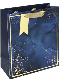 Eurowrap Blue Marble Medium Gift Bag – Luxury Gold-Lined Paper Gift Bag with Ribbon Handle – Elegant Birthday, Father's Day or Celebration Gift Wrap for Her or Him