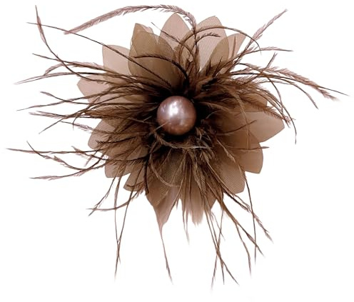 85mm Broche Femme Élégante Fascinator Plume Fleur Avec Perles Coquillage Mesh Clip Barrette Cheveux Épinglette Cravate Accessoire Mariage Fête Cocktail Derby Charme Bijou Pour Elle (Brun)