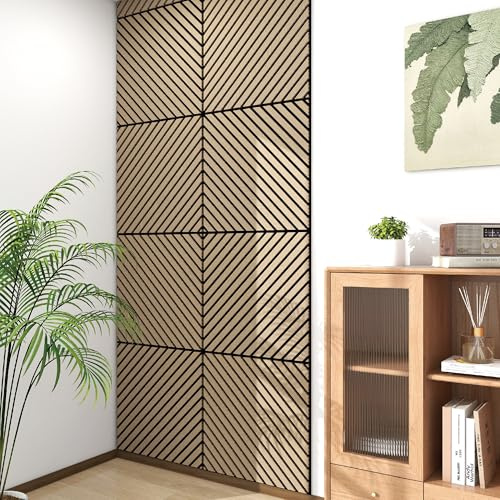 NEU.HOLZ Panel de Pared 3D Vang Juego de 12 Paneles Acústicos (4,32 m²) Revestimiento Mural Listones Diagonales Decorativos Estilo Escandinavo en MDF y Fieltro Pet 60 x 60 x 2 cm - Nogal Claro