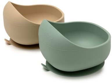 muchmellow – 2-teiliges Silikon-Kindergeschirr-Set, Made in Italy, Schüsseln mit Anti-Rutsch-Saugnapf, ideal für die Beikost, plastikfrei, BPA-frei, spülmaschinenfest (Beige + Grün)