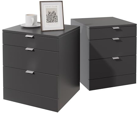 Garvishk Garvis Nachttisch 2er Set, schmal, Beistelltisch mit 3 Schubladen Nachtschrank Schlichter Beistelltisch für Schlafzimmer, Wohnzimmer (Schwarz)