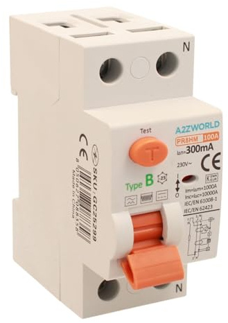 Interruttore Differenziale Puro Tipo B 300mA, Salvavita Type B 100A, RCCB 1P+N 10kA 220V, 2 Moduli DIN, Serie PR8HM Elettromagnetica, Certificato IEC61008-1