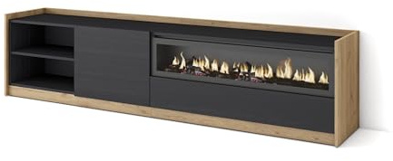 Skraut Home | Mueble TV | Televisión | Muebles de salón, almacenaje | 207x50x37 cm | para TV hasta 80 | Chimenea eléctrica | Estilo Moderno | Negro y Roble
