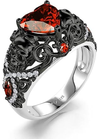 Jeulia Bague noire en forme de tête de mort pour Halloween, en argent, avec cœur rouge et pierre marquise, style gothique, moderne, idéal pour homme et femme