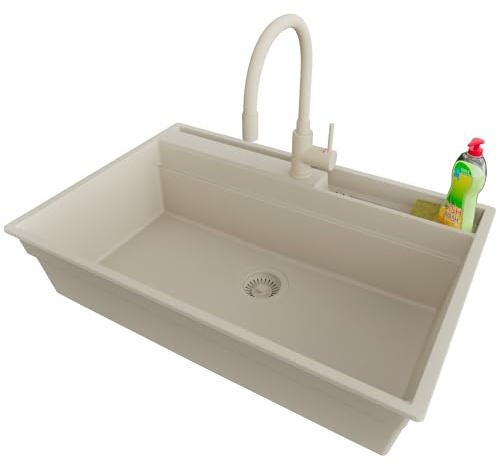 PRIMAGRAN Lavandino da Cucina Beige 78x53cm, Lavello in Granito a 1 vasca + Rubinetto 38x14cm + Sifone Classico, Lavabo Incasso al mobile 80cm - Oslo Pocket