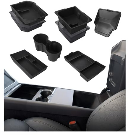 Console Centrale pour Tesla Model Y/YL Juniper 2025–2026 par MMOBIEL – Organisateur Console Centrale Set de 6 Pièces – ABS & Silicone Plateaux, Porte-gobelet & Boîte Accoudoir – Antidérapant