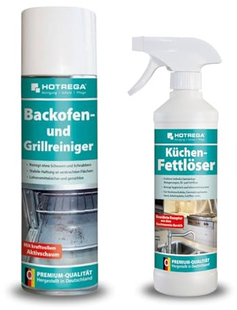 HOTREGA Backofen- & Grillreiniger Aktivschaum 300ml + Küchen-Fettlöser | Kraftvolles Reinigungs-Set | Entfernt eingebranntes Öl & Eiweißreste | Ideal für Edelstahl, Glas, Keramik oder Kunststoff