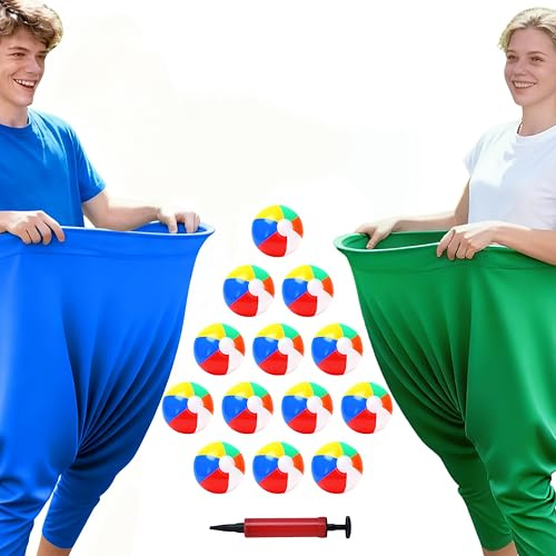 Granny Pants Yard Game Lot de 2 jeux de pantalons de pêche pour adultes, 2 pantalons géants, 12 balles gonflables arc-en-ciel, jeu de fête pour extérieur, jardin, parc, plage, teambuilding